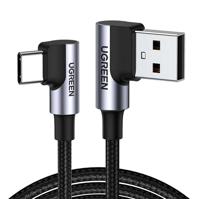 Angled usb cable, UGREEN, USB-A to USB-C, 1m, 15 W, Copper, Aluminium, Nylon braided, Grey/Metallic