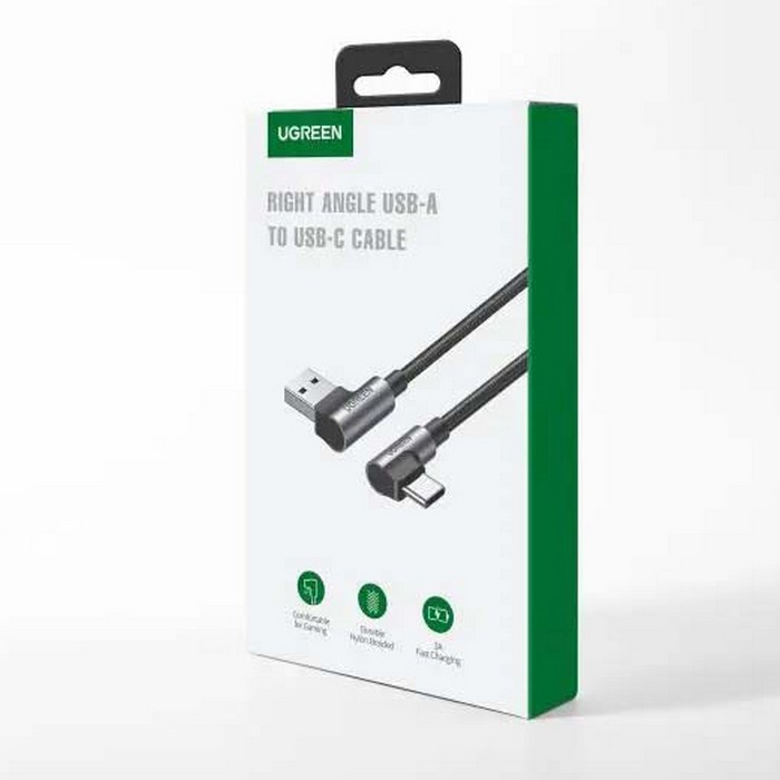 Angled usb cable, UGREEN, USB-A to USB-C, 1m, 15 W, Copper, Aluminium, Nylon braided, Grey/Metallic