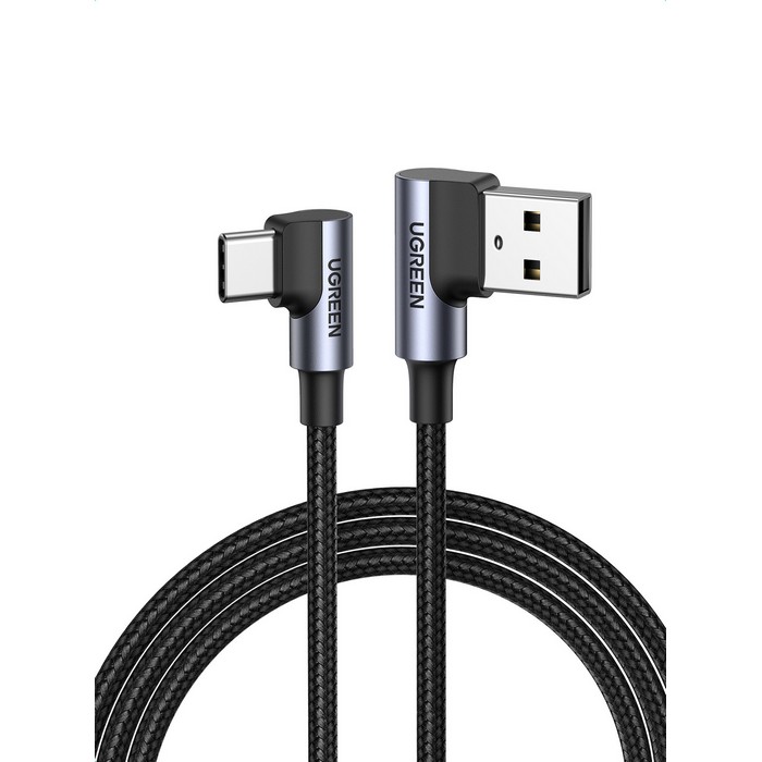 Angled usb cable, UGREEN, USB-A to USB-C, 2m, 15 W, Copper, Aluminium, Nylon braided, Grey/Metallic