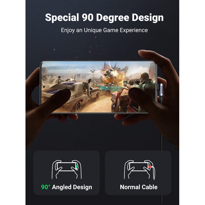 Angled usb cable, UGREEN, USB-A to USB-C, 2m, 15 W, Copper, Aluminium, Nylon braided, Grey/Metallic