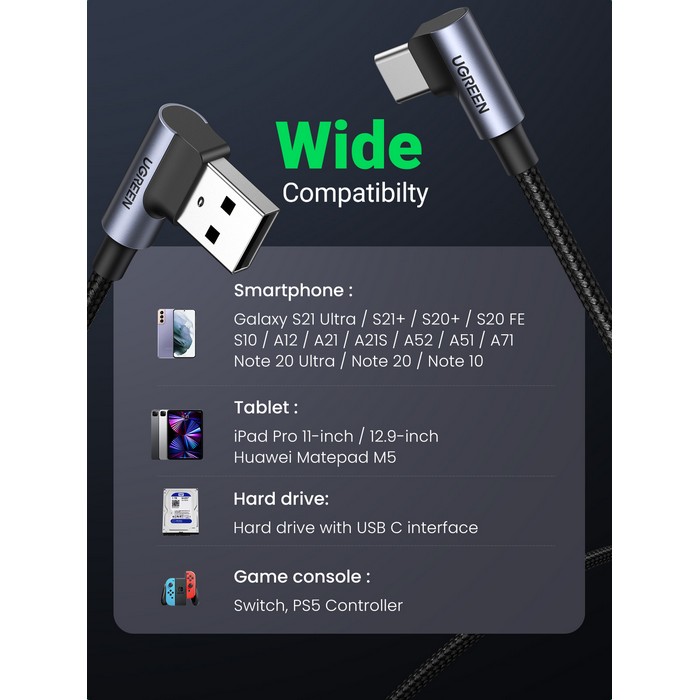 Angled usb cable, UGREEN, USB-A to USB-C, 2m, 15 W, Copper, Aluminium, Nylon braided, Grey/Metallic