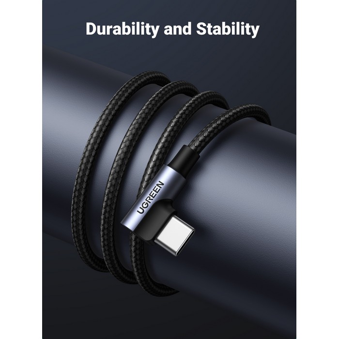 Angled usb cable, UGREEN, USB-A to USB-C, 2m, 15 W, Copper, Aluminium, Nylon braided, Grey/Metallic