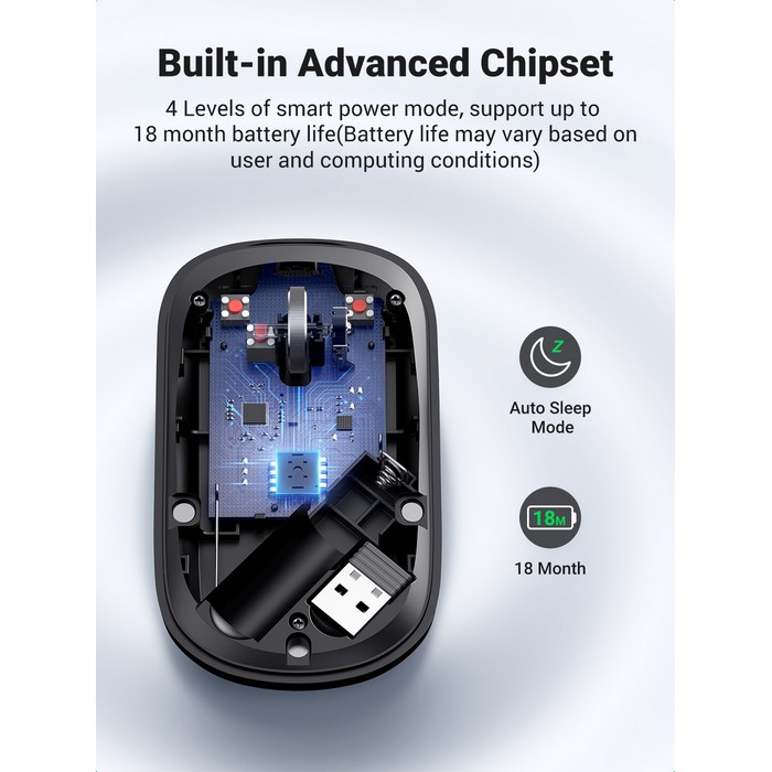 Беспроводная мышь, UGREEN, Черный, 3cm, 1.5 Вт, Аккумулятор, Щелочная, Пластик