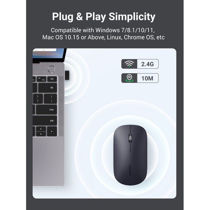 Беспроводная мышь, UGREEN, Черный, 3cm, 1.5 Вт, Аккумулятор, Щелочная, Пластик