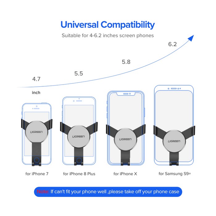 Car phone holder, UGREEN, Aluminium, ABS, Silicone, Black