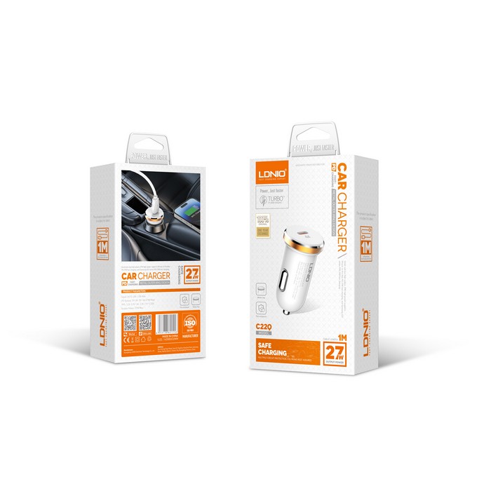 Incarcator auto, LDNIO, USB-C, 27w, Lightning, Plastic, Alb