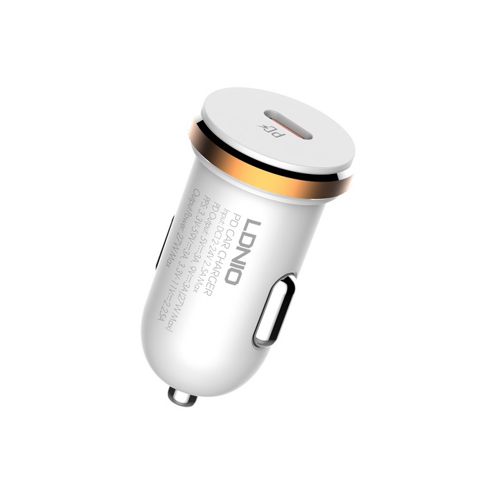 Car charger, LDNIO, USB-C, 27w, Lightning, Plastic, White