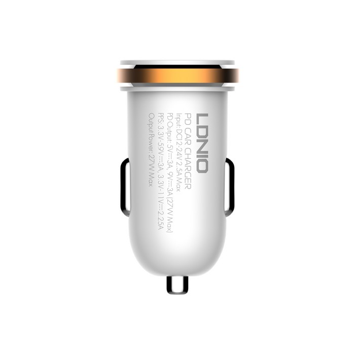 Incarcator auto, LDNIO, USB-C, 27w, Lightning, Plastic, Alb