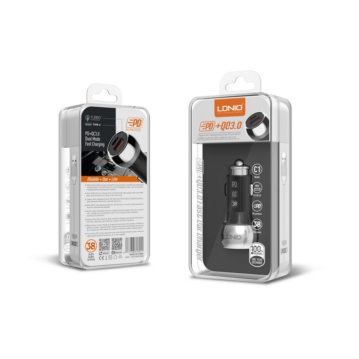 Incarcator auto, LDNIO, USB-A + USB-C, 38w, Plastic, Negru