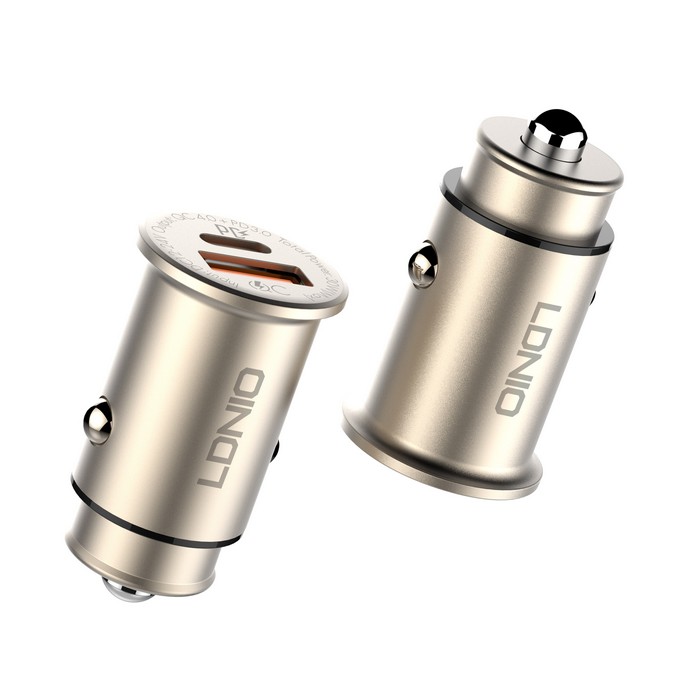 Incarcator auto, LDNIO, USB-A + USB-C, 30w, Metal, Auriu