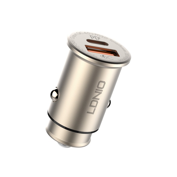 Incarcator auto, LDNIO, USB-A + USB-C, 30w, Metal, Auriu