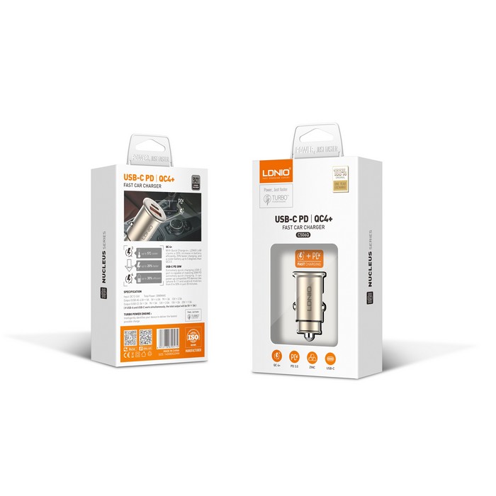 Incarcator auto, LDNIO, USB-A + USB-C, 30w, Lightning, Metal, Auriu