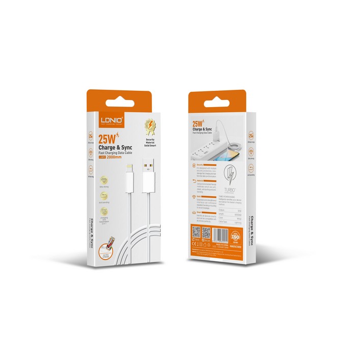 Usb cable, LDNIO, USB-A to Lightning, 25w, 2m, PVC, White