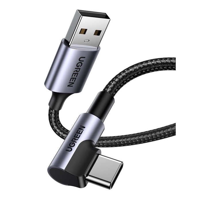 Angled usb cable, UGREEN, USB-A to USB-C, 1m, Aluminum Alloy, Nylon braided, Copper, Black