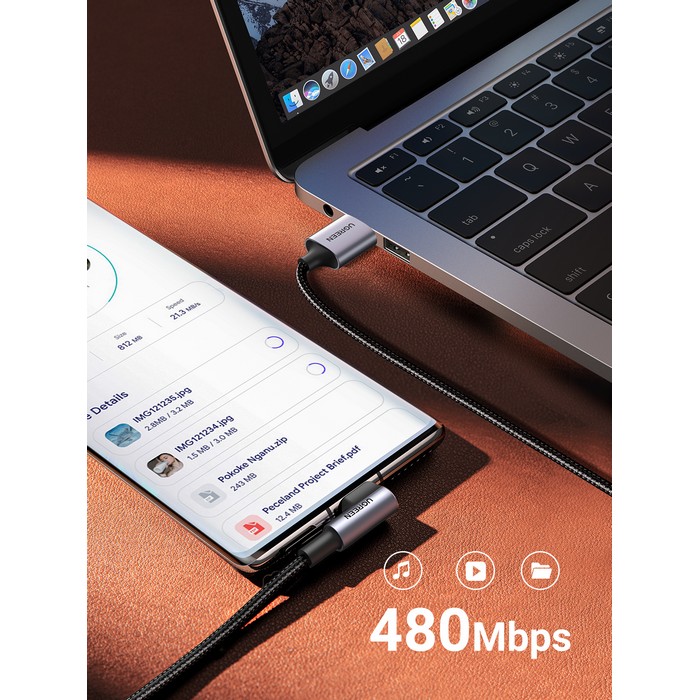 Angled usb cable, UGREEN, USB-A to USB-C, 3m, Aluminum Alloy, Nylon braided, Copper, Black