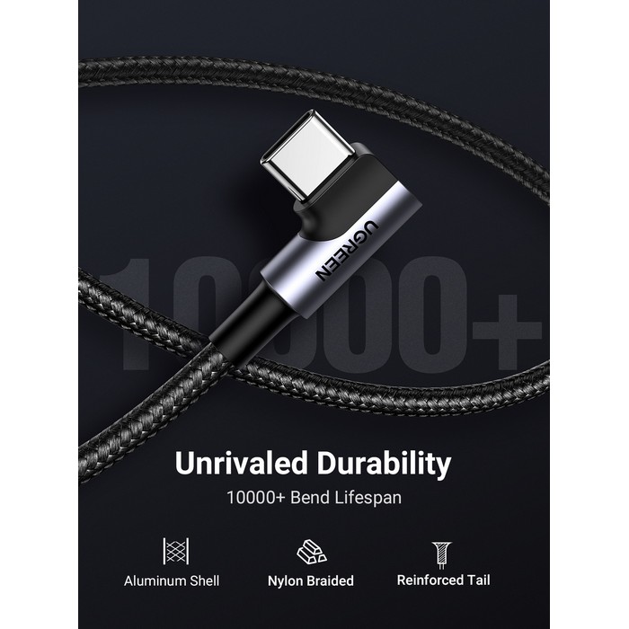 Angled usb cable, UGREEN, USB-A to USB-C, 3m, Aluminum Alloy, Nylon braided, Copper, Black