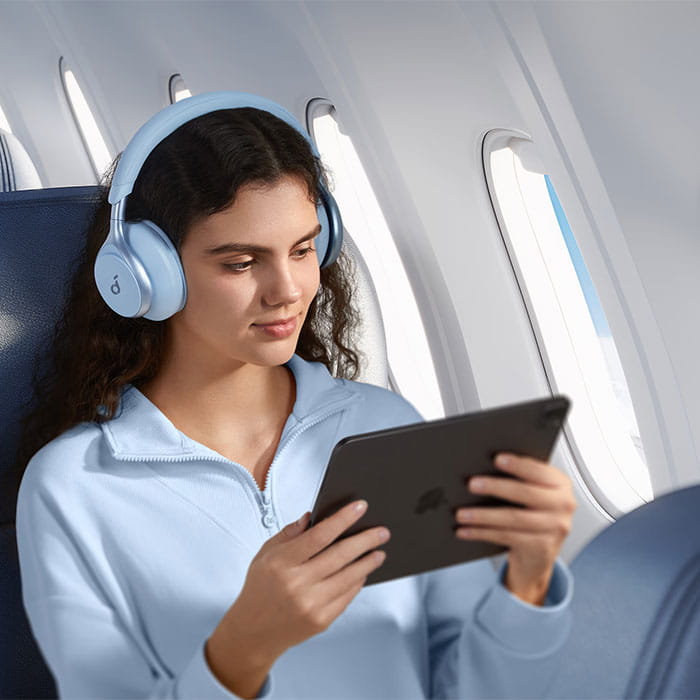 Casti audio, Soundcore, Space One, Hi-Res, LDAC, ANC, BT 5.3, Fara fir, Albastru, Plastic, Albastru deschis, Microfon, USB-C