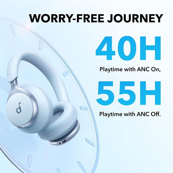 Casti audio, Soundcore, Space One, Hi-Res, LDAC, ANC, BT 5.3, Fara fir, Albastru, Plastic, Albastru deschis, Microfon, USB-C