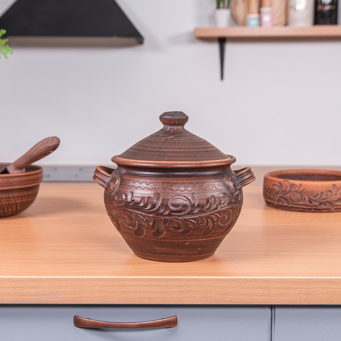 Горшок для печи, ORIENS, Argila, 3.5 Л, Decor, С крышкой, С 2 ручками, Резка, Коричневый