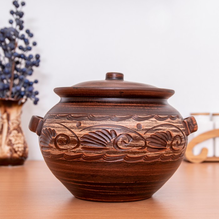 Oala cuptor, ORIENS, Argila, 5 L, Decor, Cu capac, Cu 2 manere, Gravura, Maro