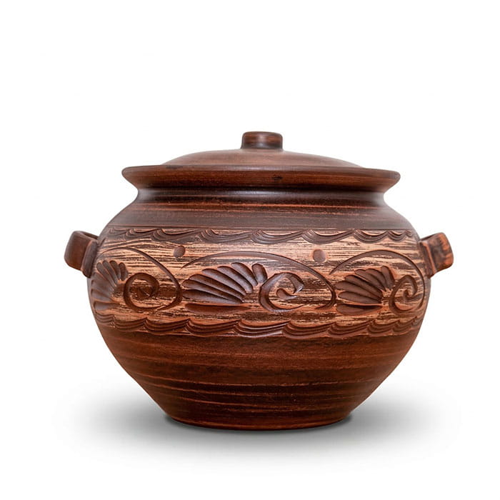 Oala cuptor, ORIENS, Argila, 5 L, Decor, Cu capac, Cu 2 manere, Gravura, Maro