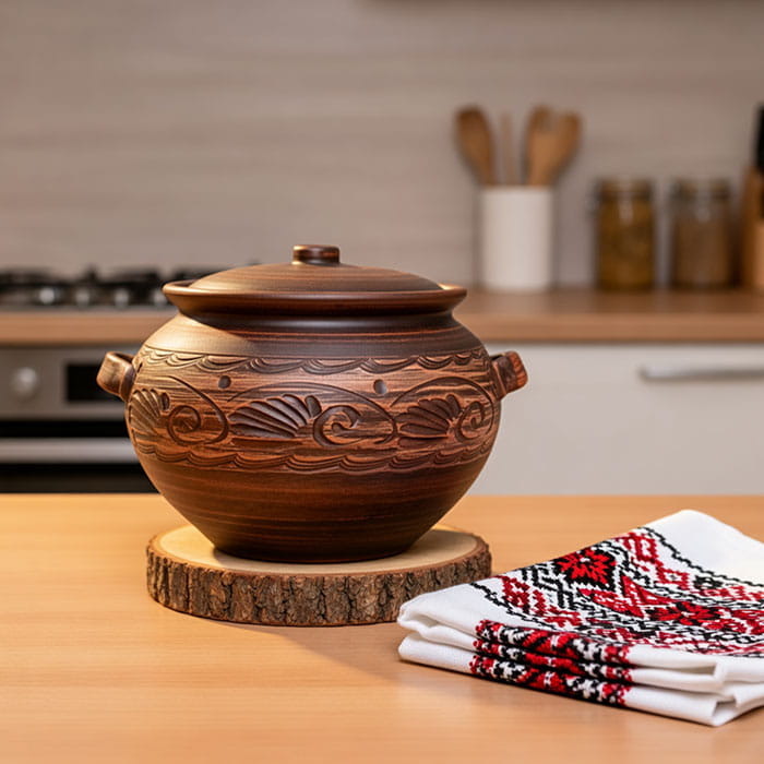 Oala cuptor, ORIENS, Argila, 5 L, Decor, Cu capac, Cu 2 manere, Gravura, Maro