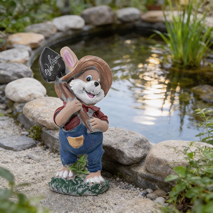 Figurine hare with a shovel "welcome", ORIENS, Gypsum, 43cm, Multicolour, Matte, 1.8 kg