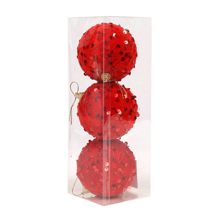 Set globuri de craciun, GLOBAL CHRISTMAS, 3 buc, 8cm, Rosu, PVC
