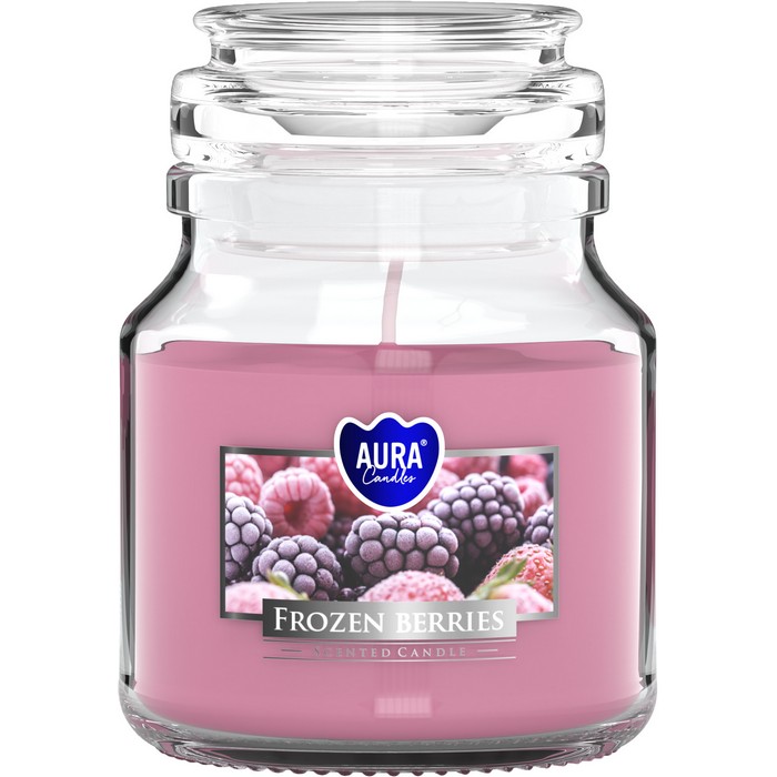 Lumanare parfumata, AURA, Fructe de padure, 120gr, 28 ore, Parafina, Roz, Cu capac