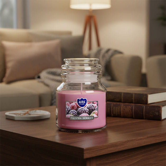 Lumanare parfumata, AURA, Fructe de padure, 120gr, 28 ore, Parafina, Roz, Cu capac