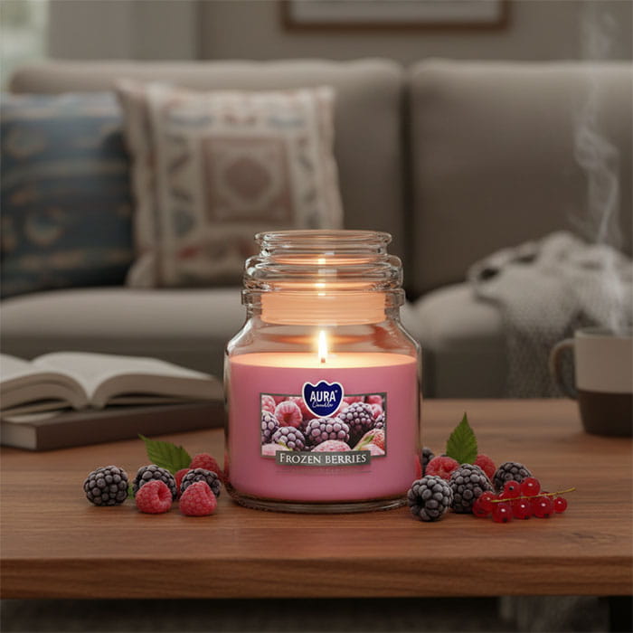 Lumanare parfumata, AURA, Fructe de padure, 120gr, 28 ore, Parafina, Roz, Cu capac
