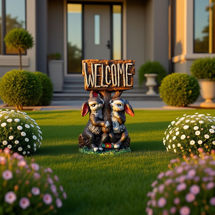 Garden figure rabbit couple welcome, ORIENS, Gypsum, Gray/Brown