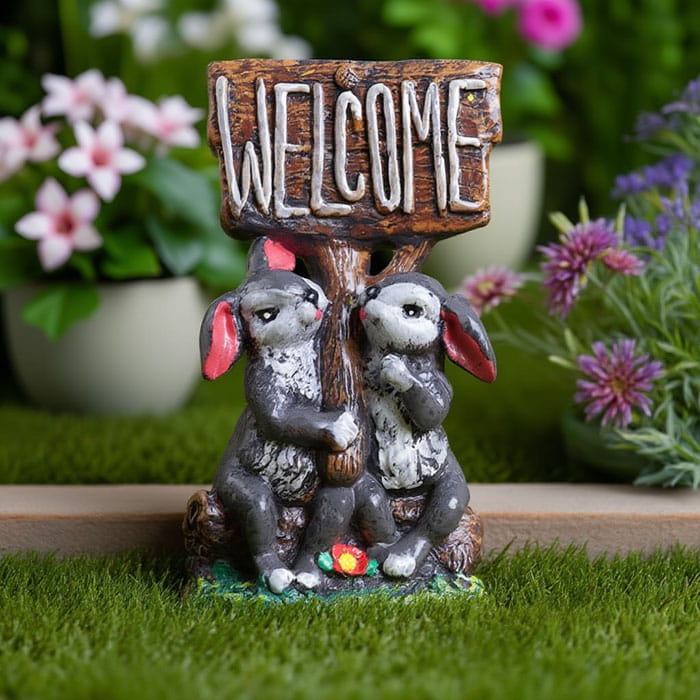 Garden figure rabbit couple welcome, ORIENS, Gypsum, Gray/Brown