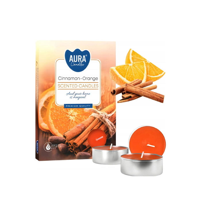 Set lumanari parfumate, AURA, 6 buc, Cinnamon - Orange, 4 ore, Oranj