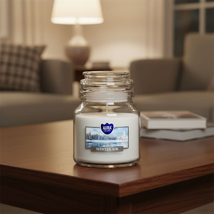Lumanare parfumata, AURA, Winter Air, 28 ore, 120gr, Alb, Cu capac