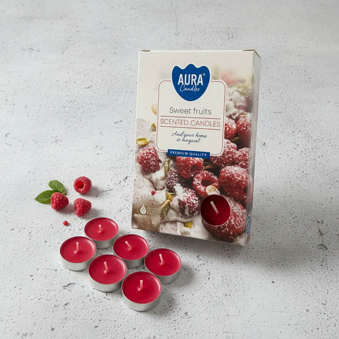 Set lumanari parfumate, AURA, Sweet fruits, 4 ore, 11gr, Roz Inchis, 6 buc
