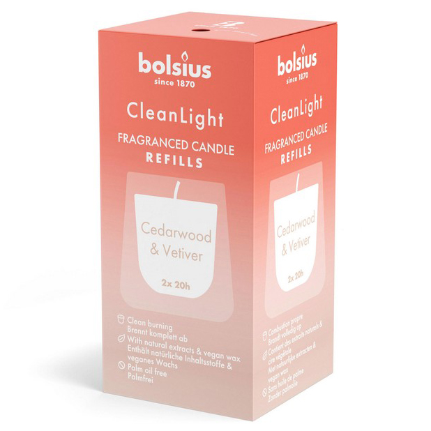 Set of candle reffils, BOLSIUS, 2 pcs, Cedarwood & Vanilla, 20 hours, White