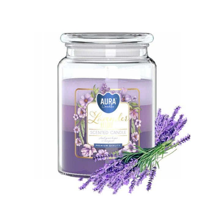 Scented candle, AURA, Lavender, 100 hours, 500gr, mauve, With lid