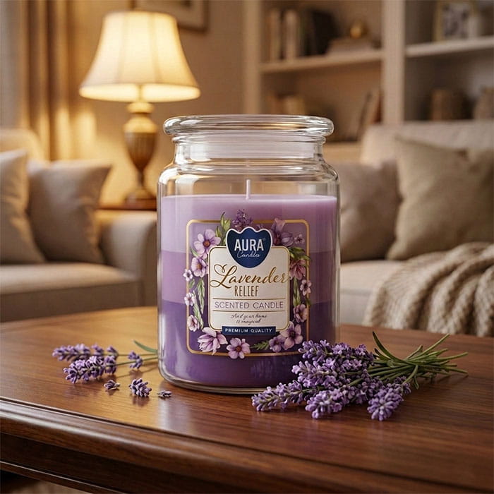 Scented candle, AURA, Lavender, 100 hours, 500gr, mauve, With lid