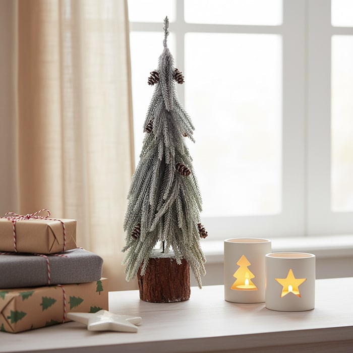 Brad de craciun decorativ, GLOBAL CHRISTMAS, 38 cm, Alb/Verde, PE, Inzapezit, Conuri