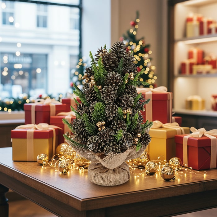 Brad de craciun decorativ, GLOBAL CHRISTMAS, 33cm, PE, Verde, Conuri si Pomusoare