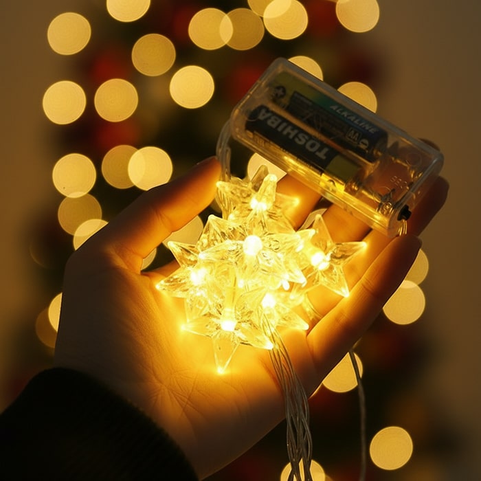 Instalatie luminoasa pe baterii, GLOBAL CHRISTMAS, 10 becuri, 2 m, Alb Cald, Baterie, Transparent