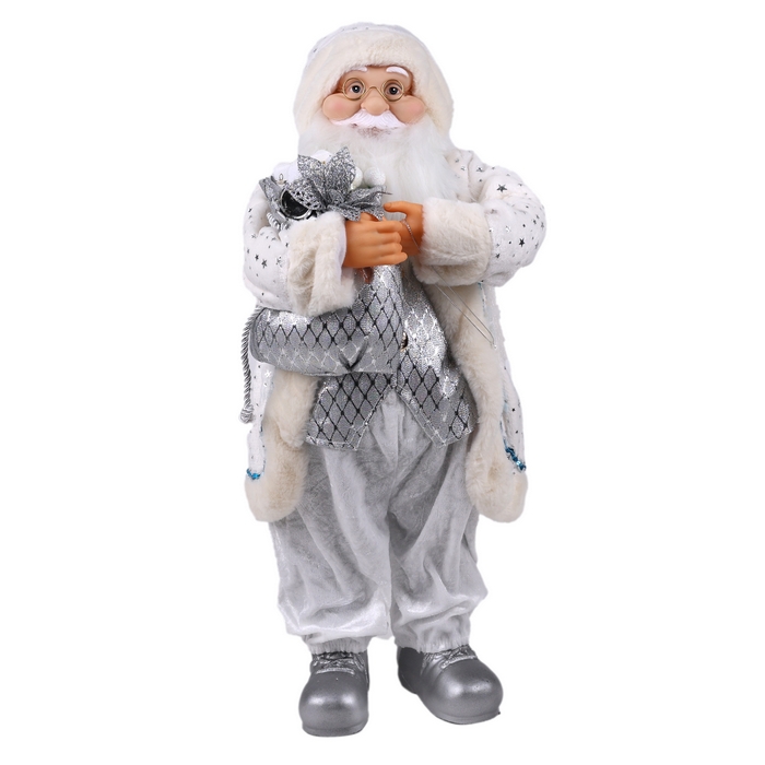 Mos craciun, GLOBAL CHRISTMAS, 45cm, Alb/Argintiu, Textil/Plastic