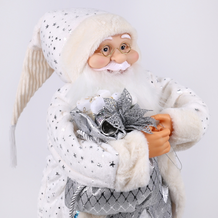 Mos craciun, GLOBAL CHRISTMAS, 45cm, Alb/Argintiu, Textil/Plastic