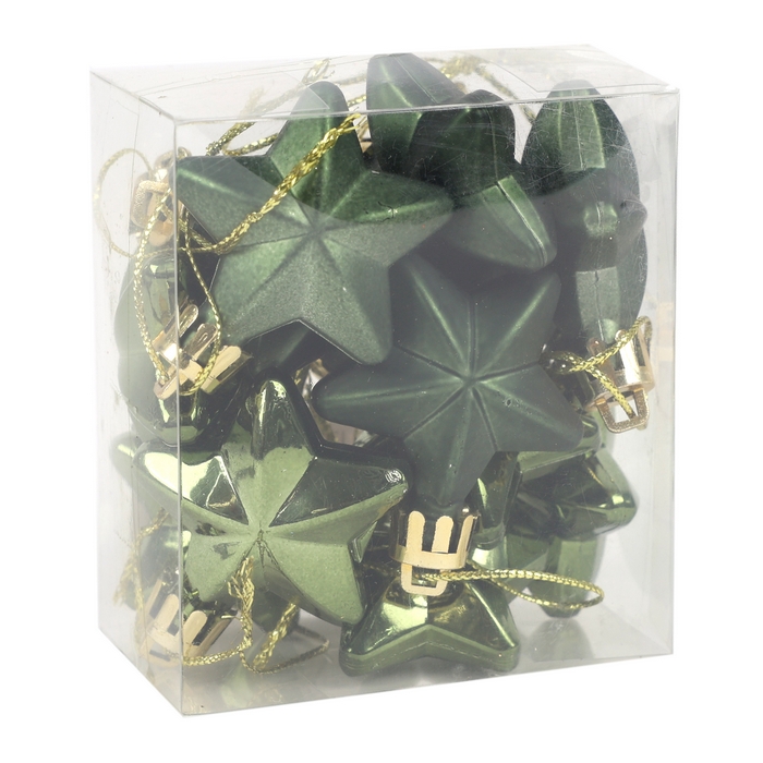 Set decoratiuni stelute, GLOBAL CHRISTMAS, 12 buc, Verde, Plastic