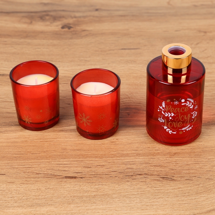 Set aromadifuzor si lumanare, GLOBAL CHRISTMAS, 3 piese, Rosu, 100 ml