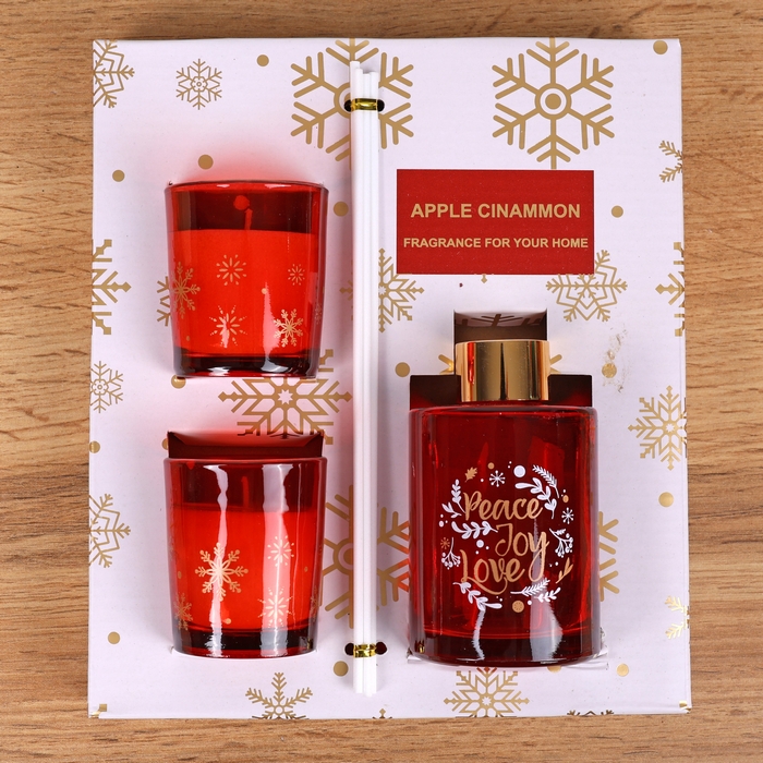 Set aromadifuzor si lumanare, GLOBAL CHRISTMAS, 3 piese, Rosu, 100 ml