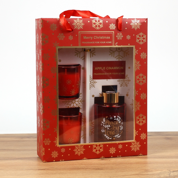 Set aromadifuzor si lumanare, GLOBAL CHRISTMAS, 3 piese, Rosu, 100 ml