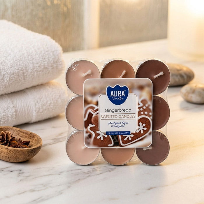Set of scented candles, AURA, 18 pcs, Gingerbread, 4 hours, 11gr, Beige/Brown
