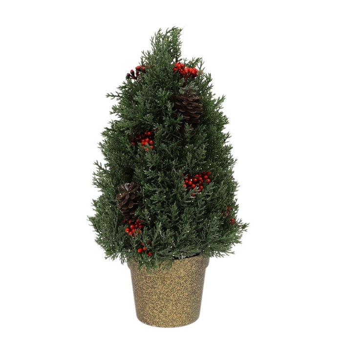 Brad de craciun decorativ, GLOBAL CHRISTMAS, 32 cm, PE, Rosu/Verde, Conuri si Pomusoare